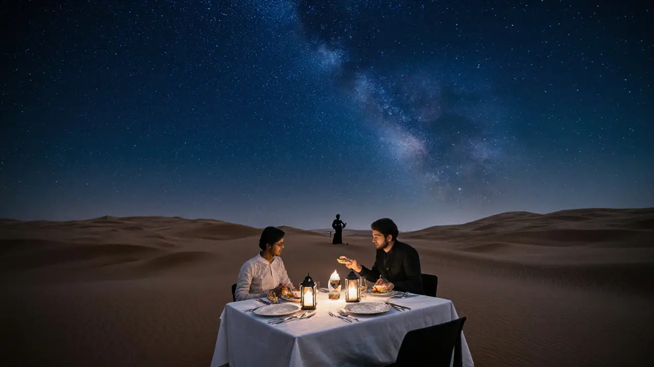 Private desert dinner under starry sky with lanterns, white table setting, and oud player in silhouette.