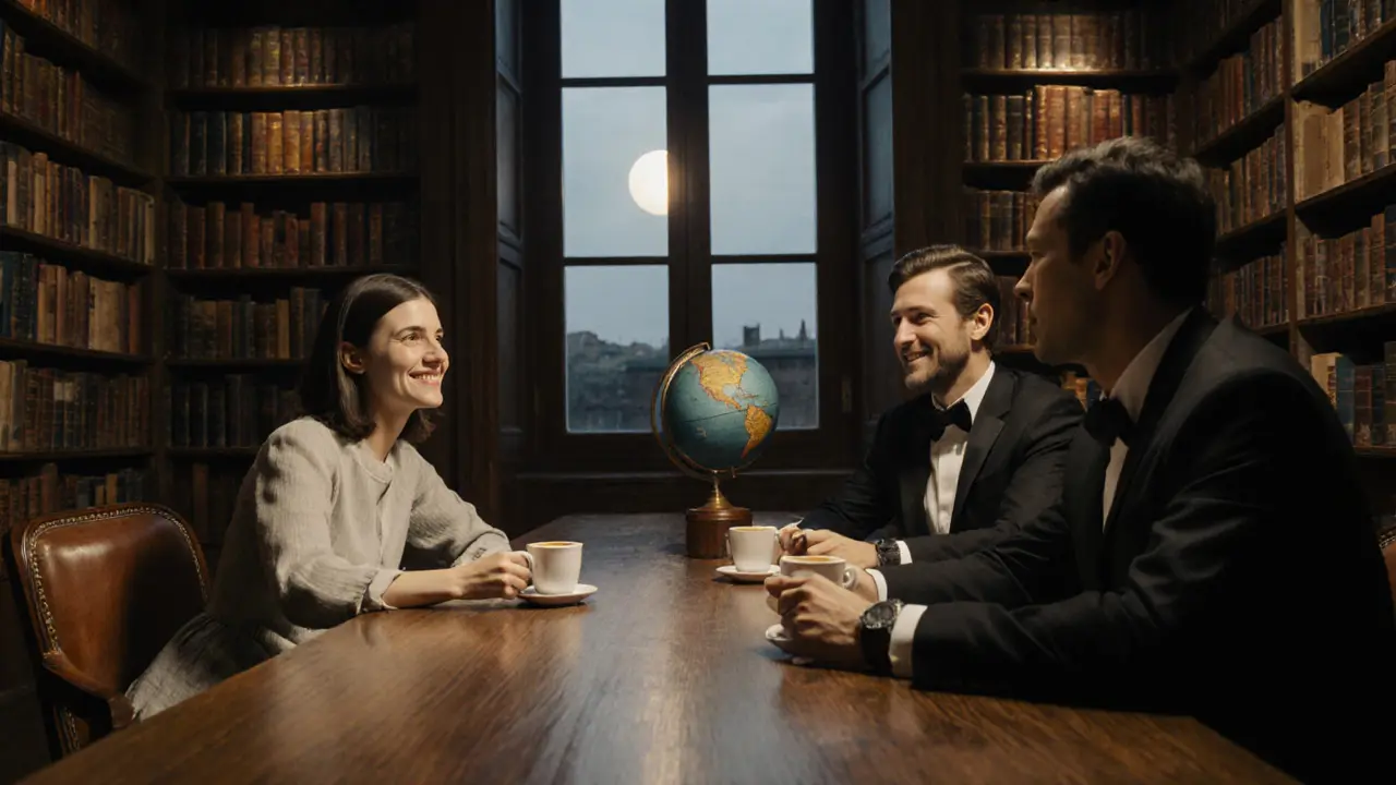 Professionals converse quietly in a hidden villa library, surrounded by books and moonlight.