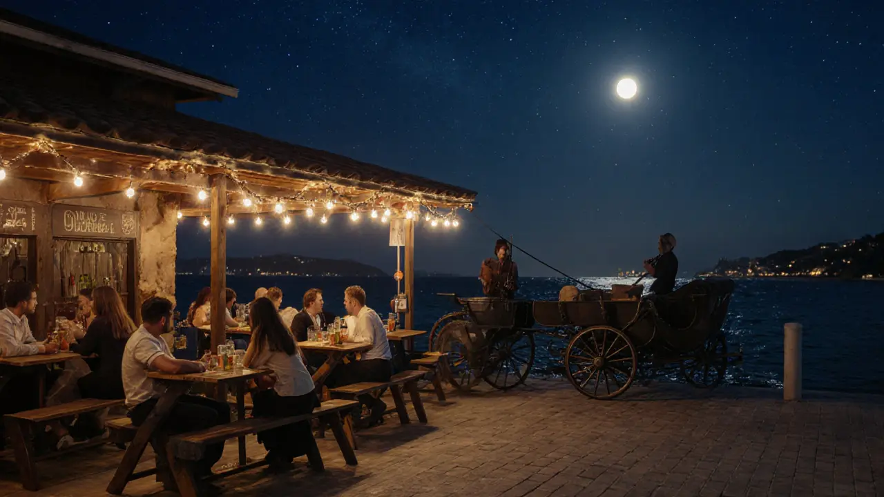 Quiet Bar 1903 on Büyükada Island under fairy lights, acoustic music, and moonlit sea at night.