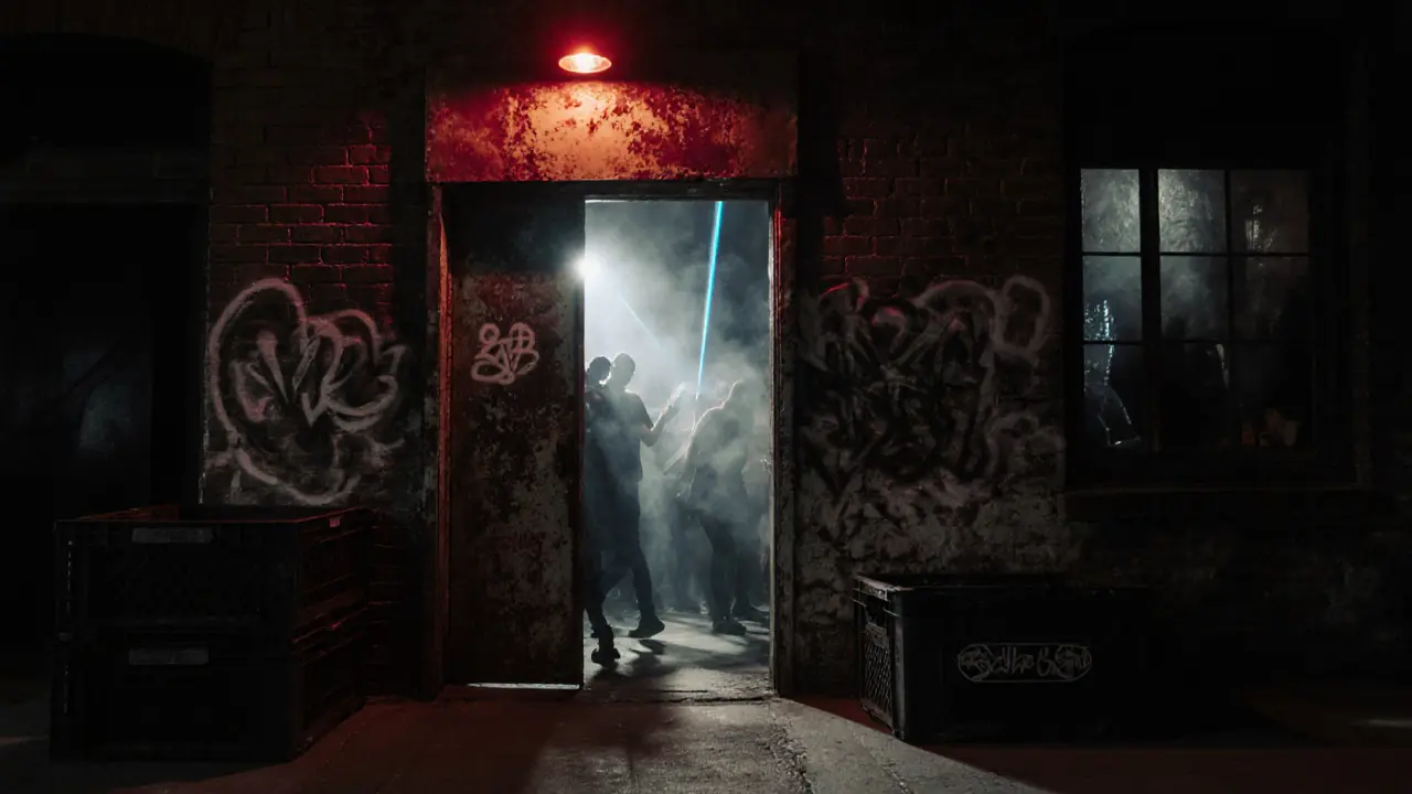 Red light above a warehouse door in an alley, lasers shining through a window at dawn.