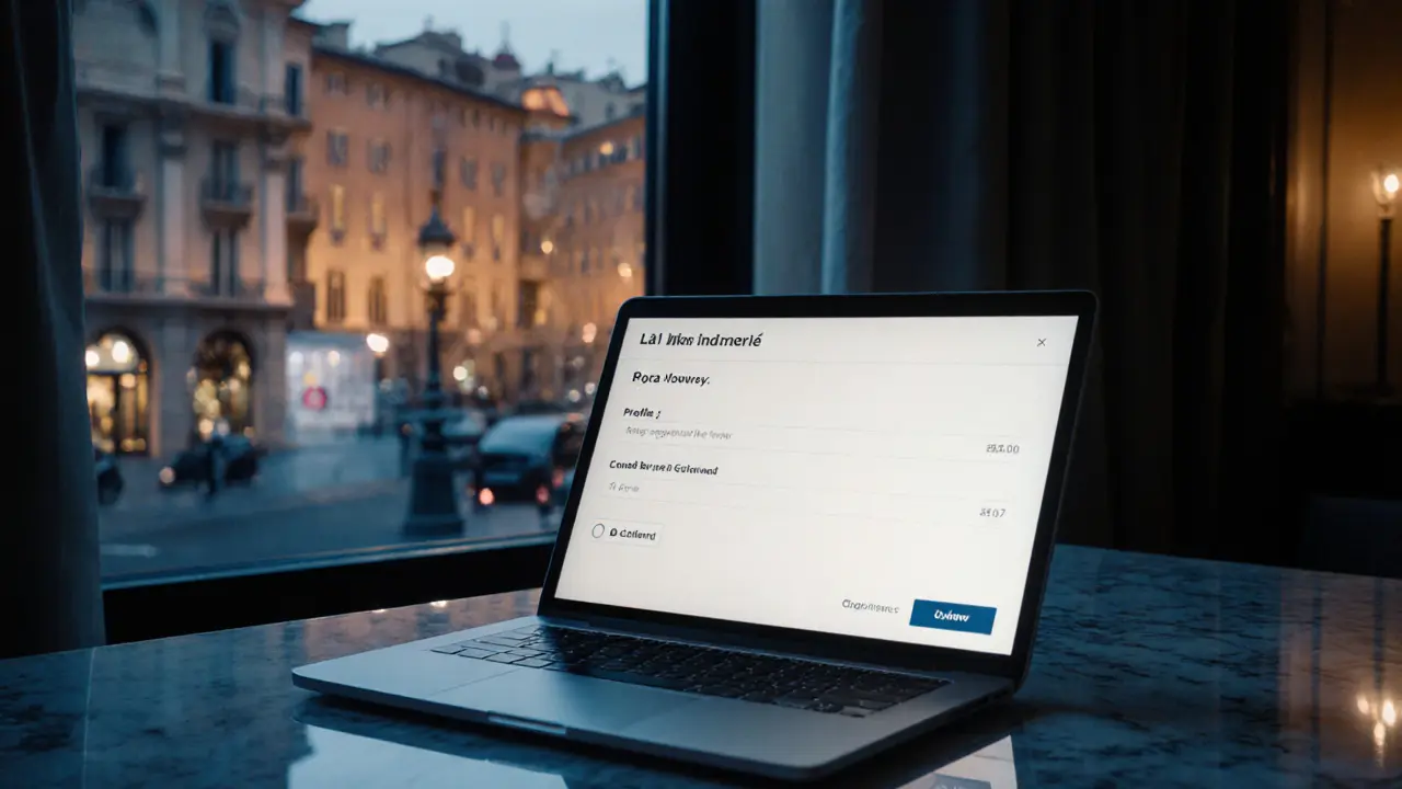 Reflection of a secure booking portal on marble countertop in luxury hotel lobby, evening city lights outside.