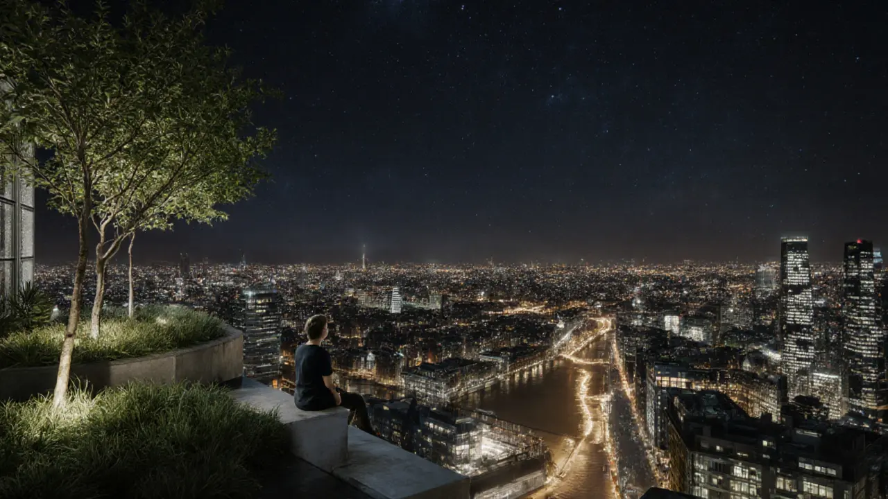 Rooftop garden high above London with trees, water, and the Thames glowing below at night.