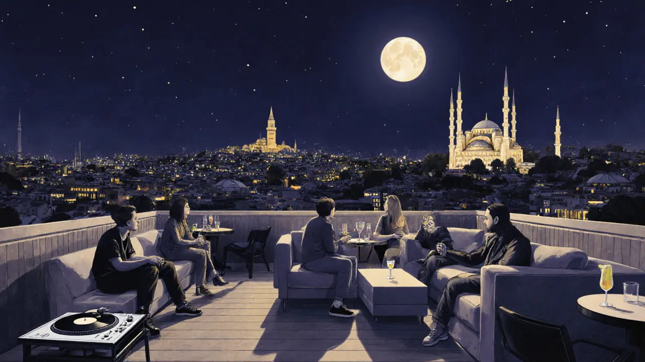 Rooftop lounge with panoramic view of Istanbul&#039;s skyline at midnight, people relaxing under moonlight.