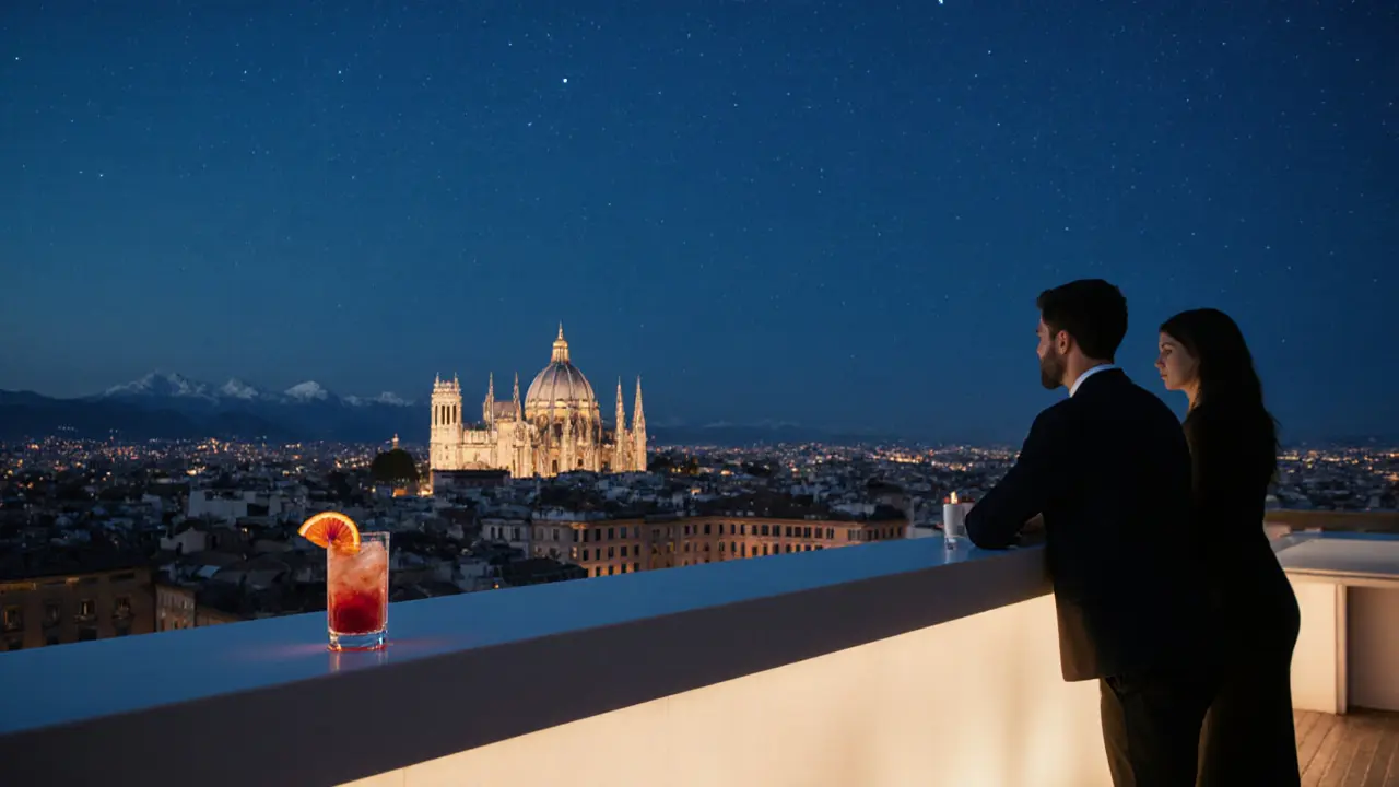 Rooftop terrace with Duomo in background, Aperol Spritz on bar, couple silhouetted against Milan skyline.