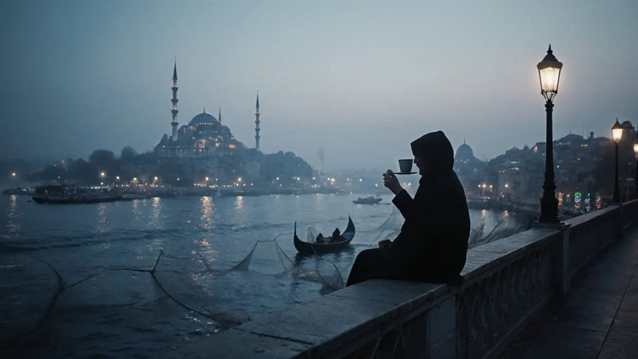 Solitary figure on Galata Bridge at dawn drinking Turkish coffee as city glows softly in mist.