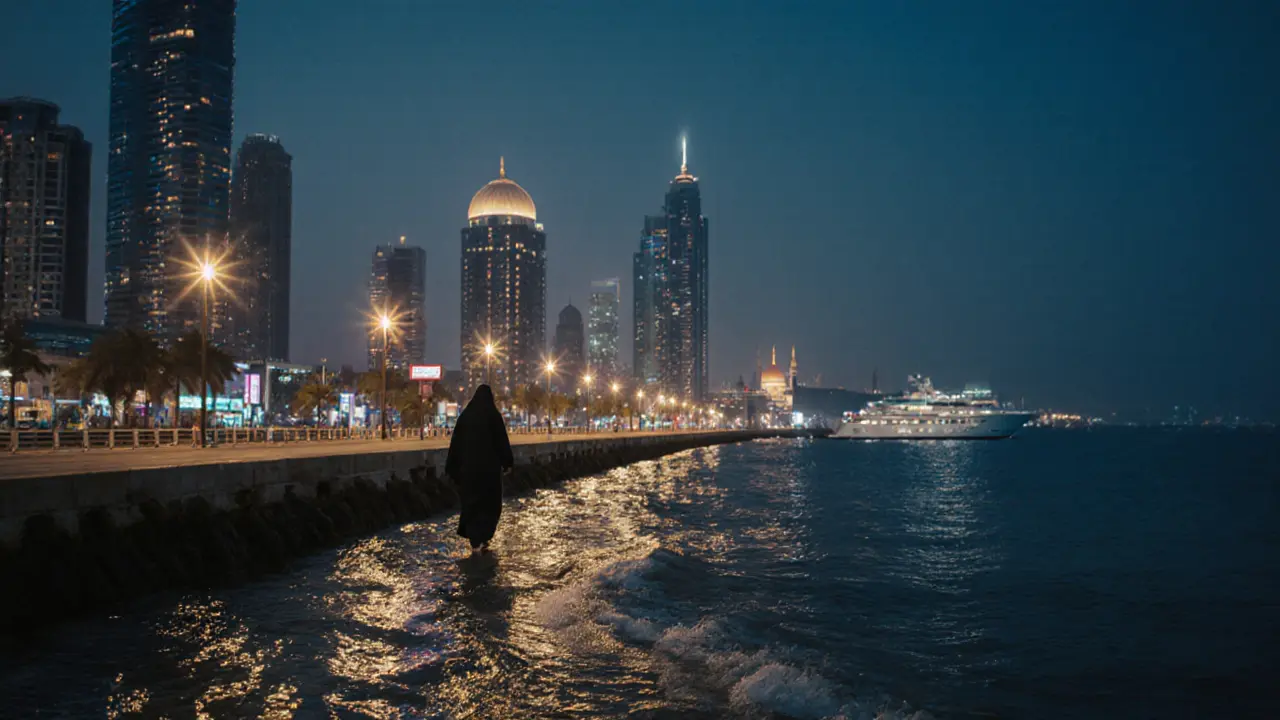 Solitary figure walking peacefully along Abu Dhabi&#039;s Corniche at night, reflections of city lights on calm water.