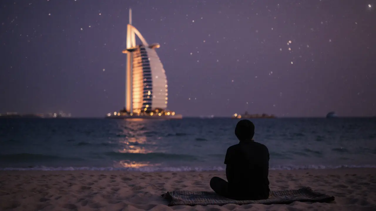 Solo figure sitting quietly on beach at twilight with Burj Al Arab glowing in distance.