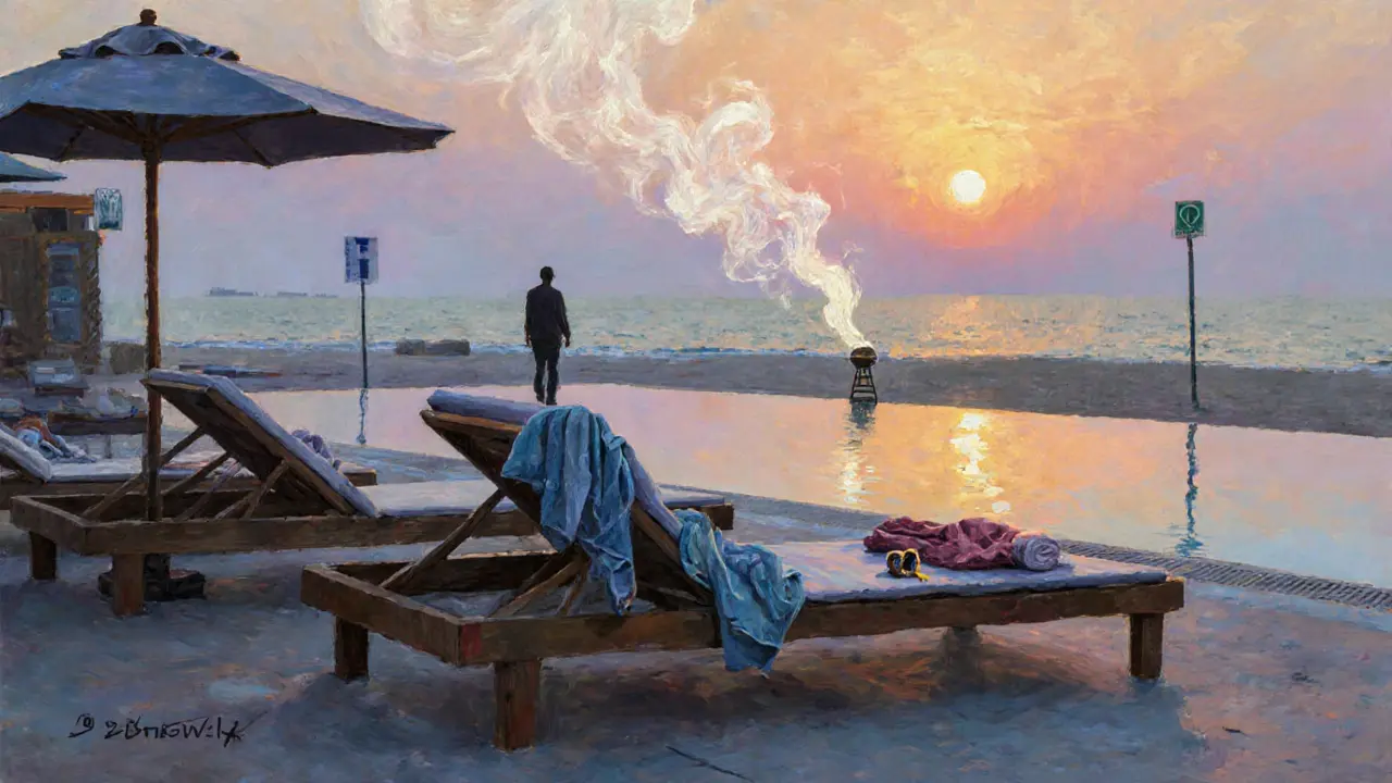 Sunrise over a quiet Dubai beach at dawn, empty cabanas and smoke curling into golden sky.