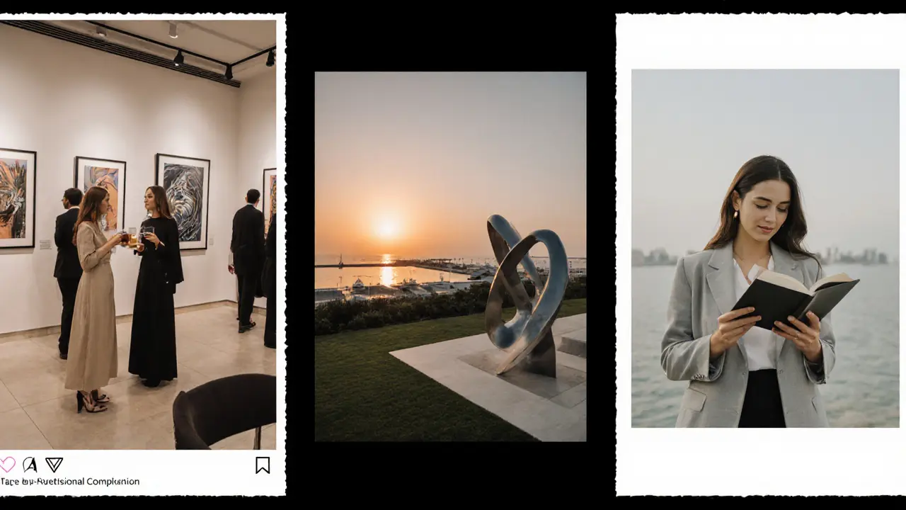 Three artistic images show a professional companion at a gallery, villa sunset, and art sculpture, styled with minimalist elegance.