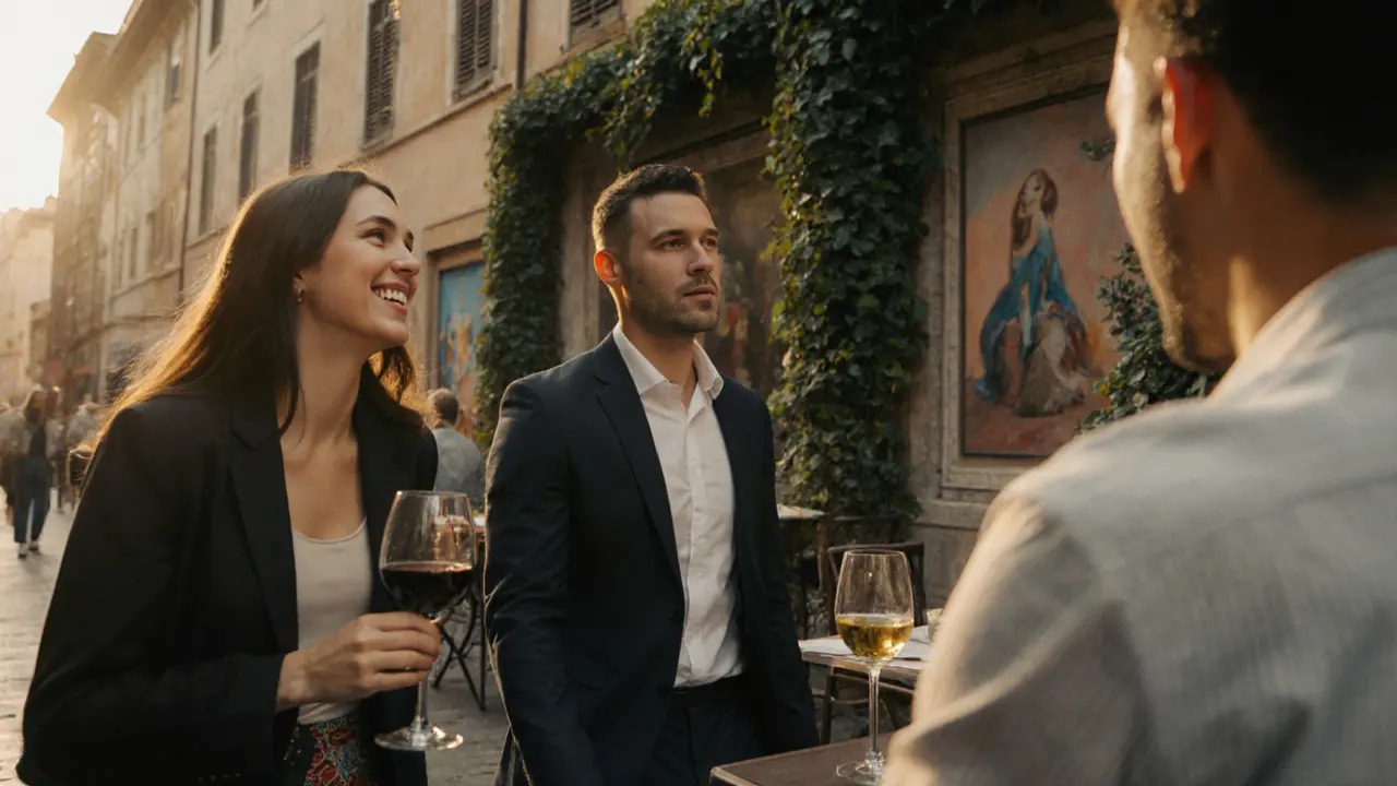 Three diverse professionals enjoy wine at an outdoor café in Brera district during golden hour.