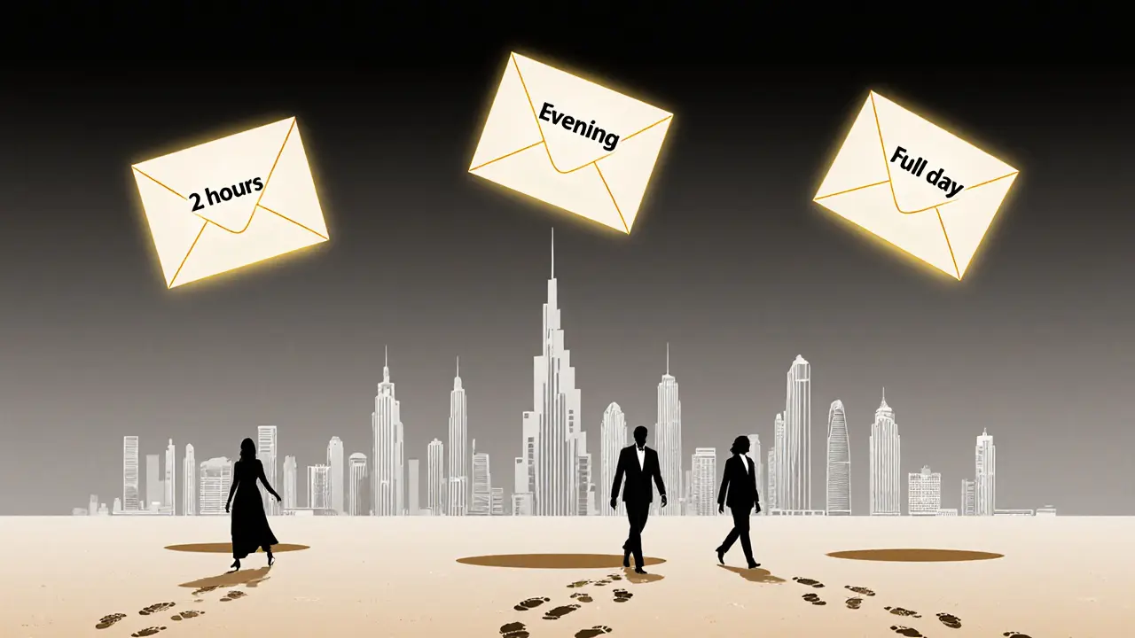 Three glowing cash envelopes hover above Dubai’s skyline, symbolizing appropriate tips for different durations of companionship.