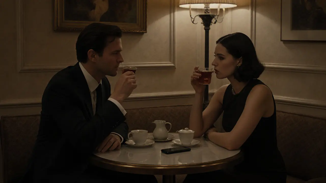 Two individuals meeting discreetly in a luxury hotel lobby, sitting apart and sipping tea.