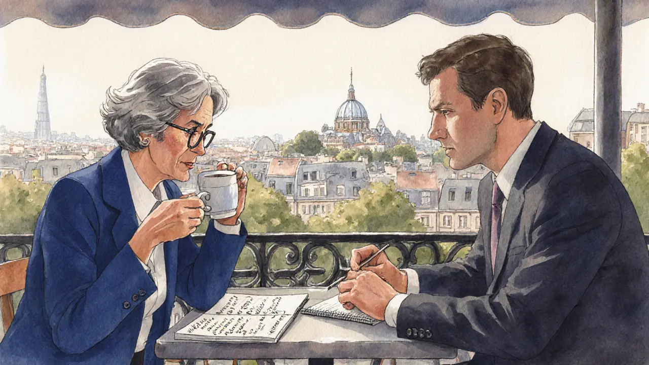 Two people sit quietly at a Parisian café at dawn, sharing coffee and a notebook with sketches.