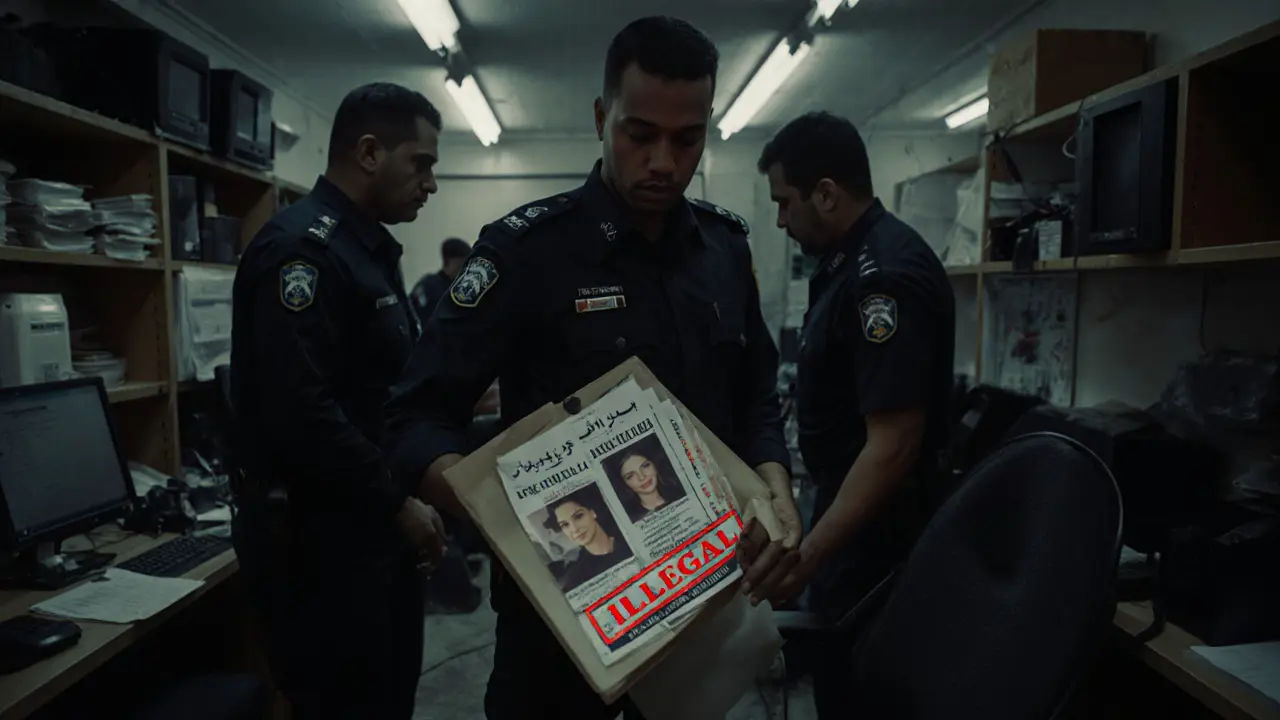 UAE police officers shut down an illegal operation, seizing phones and flyers advertising fake escort services in Abu Dhabi.