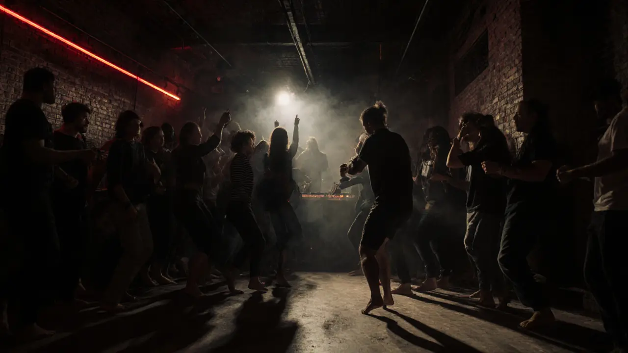 Underground club Ex Dogana with smoke, strobe lights, and dancers on concrete floor in industrial warehouse.