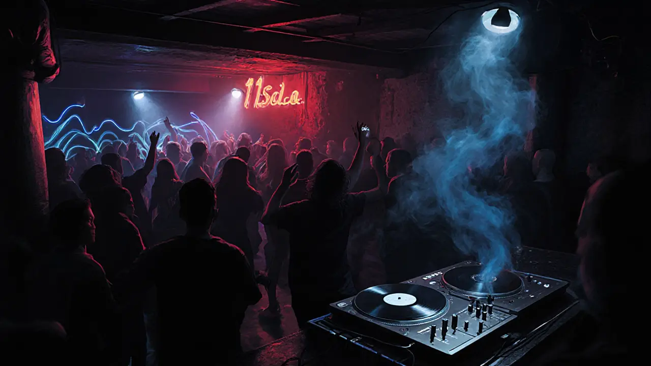 Underground club La Scala in Milan with a crowd dancing under moody colored lights and visible soundwaves.