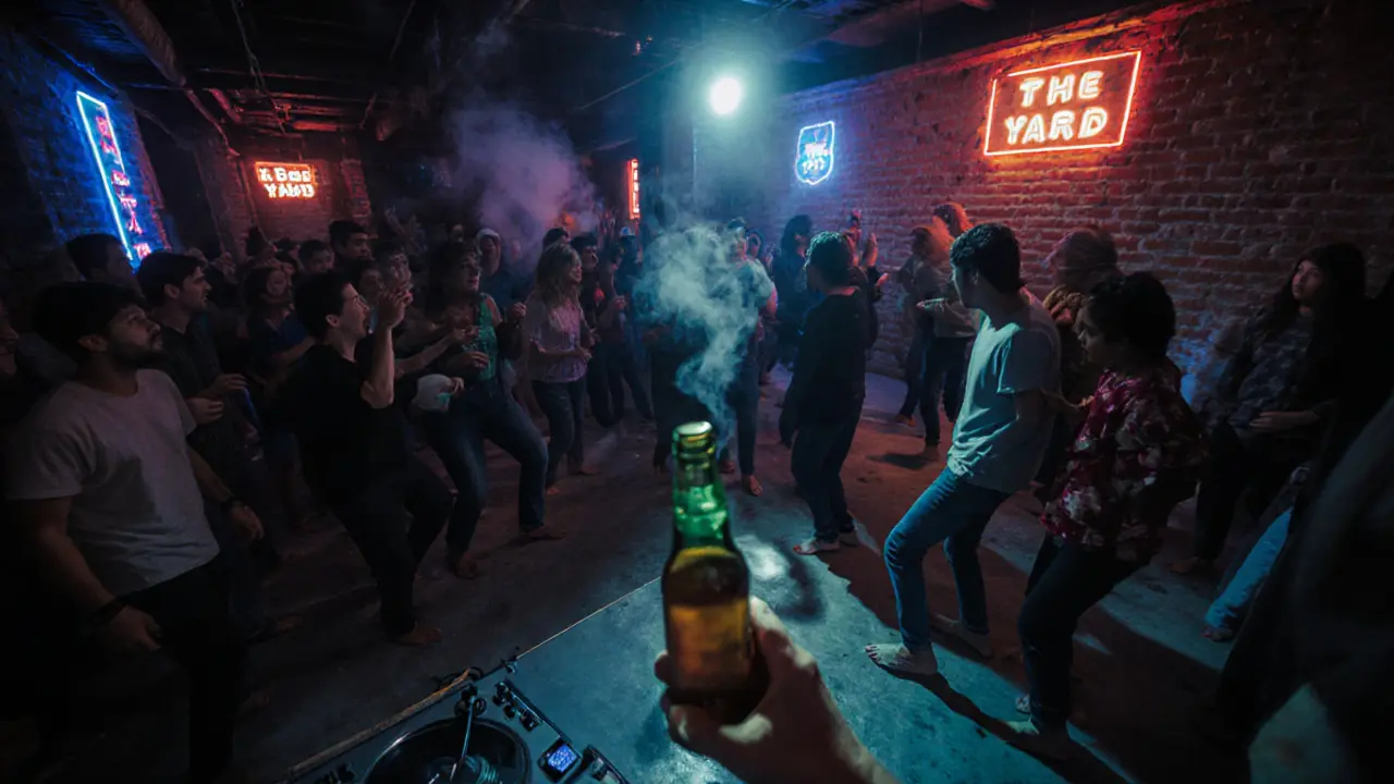 Underground warehouse club with neon lights and dancers under exposed brick walls, bass pulsing through the air.