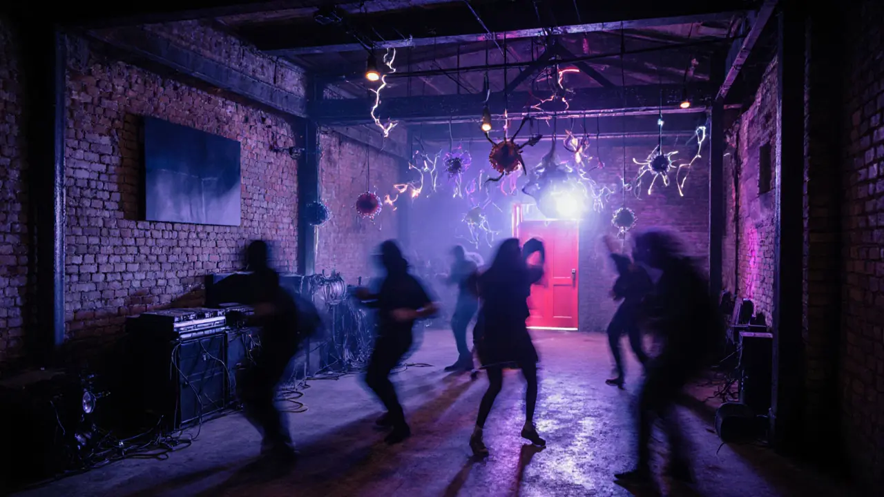 Underground warehouse party with dancers under pulsing neon lights and abstract art installations.