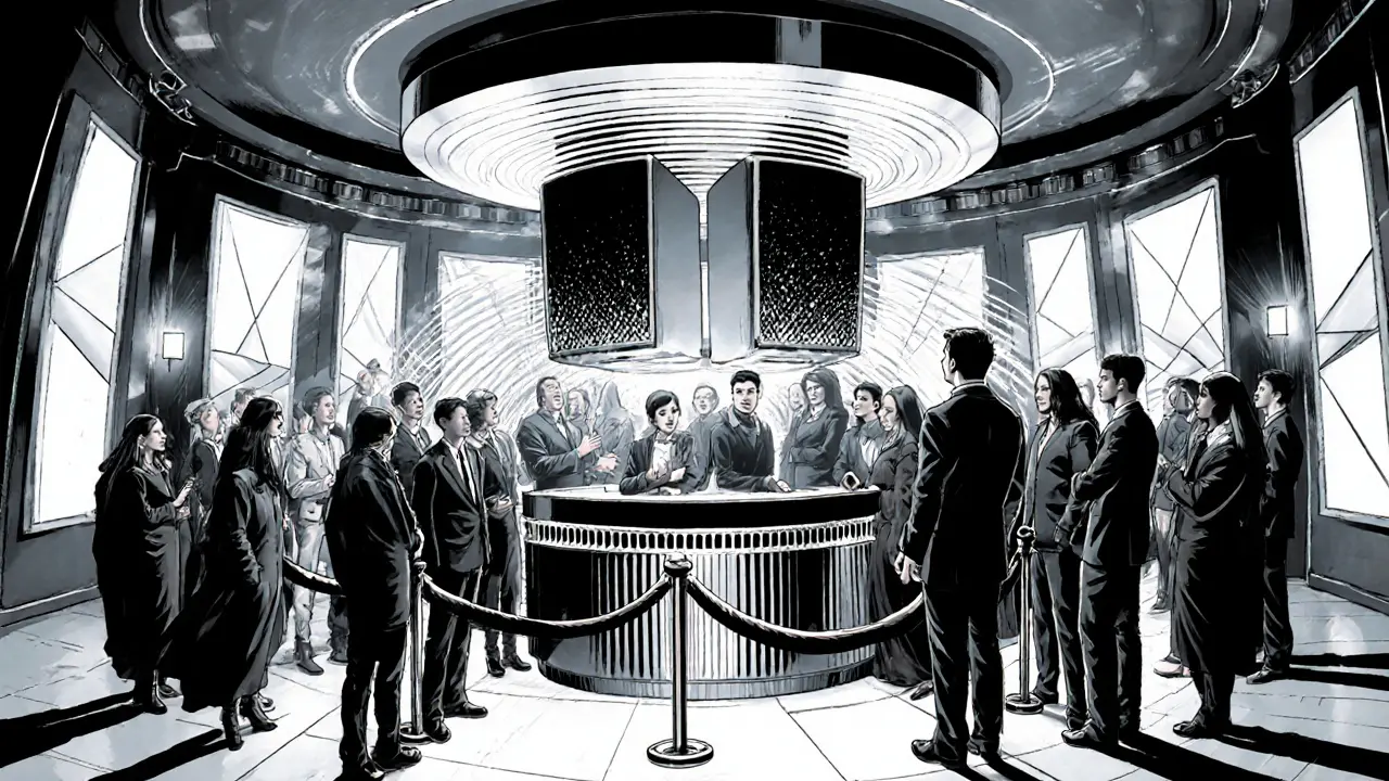 White Dubai club interior with stylish crowd and vibrating sound waves under dramatic lighting.