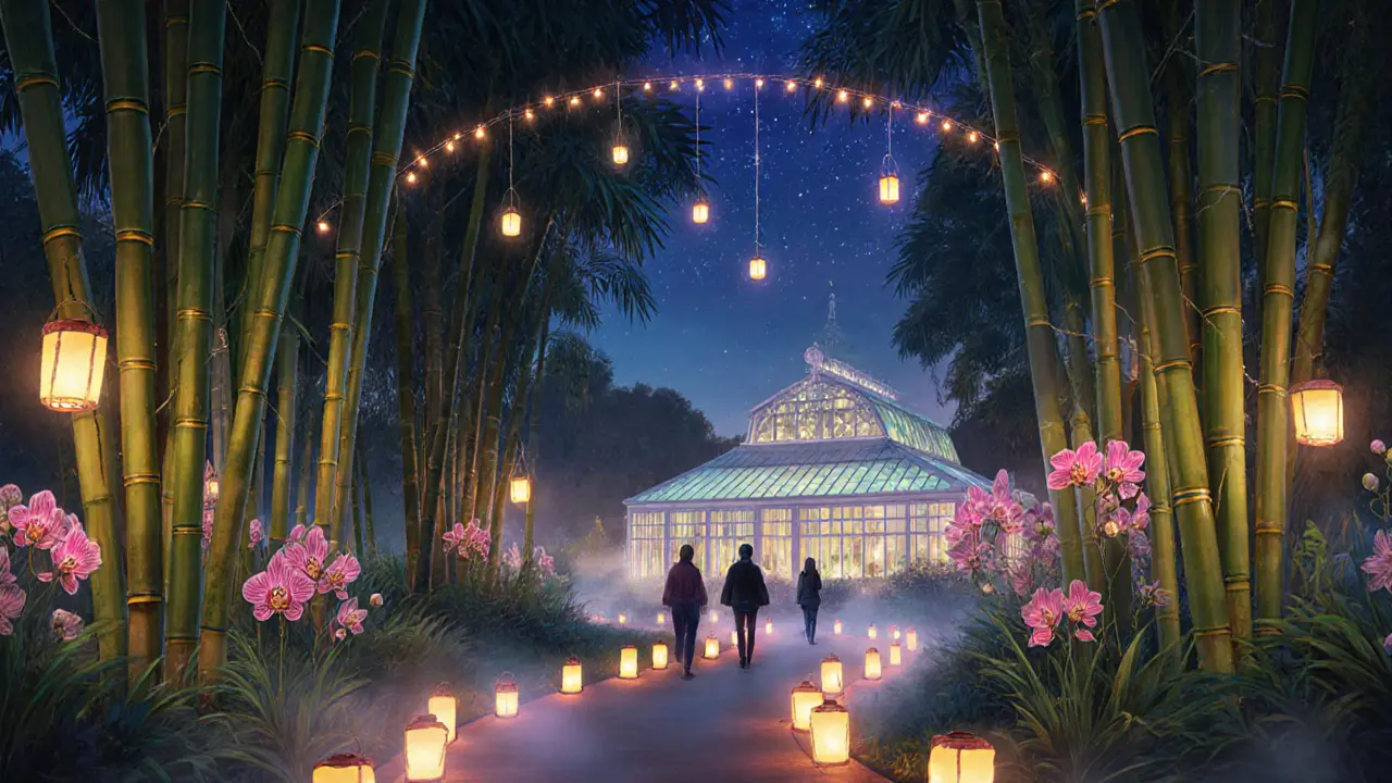 Winding garden path lit by thousands of lanterns glowing among bamboo and glasshouses.