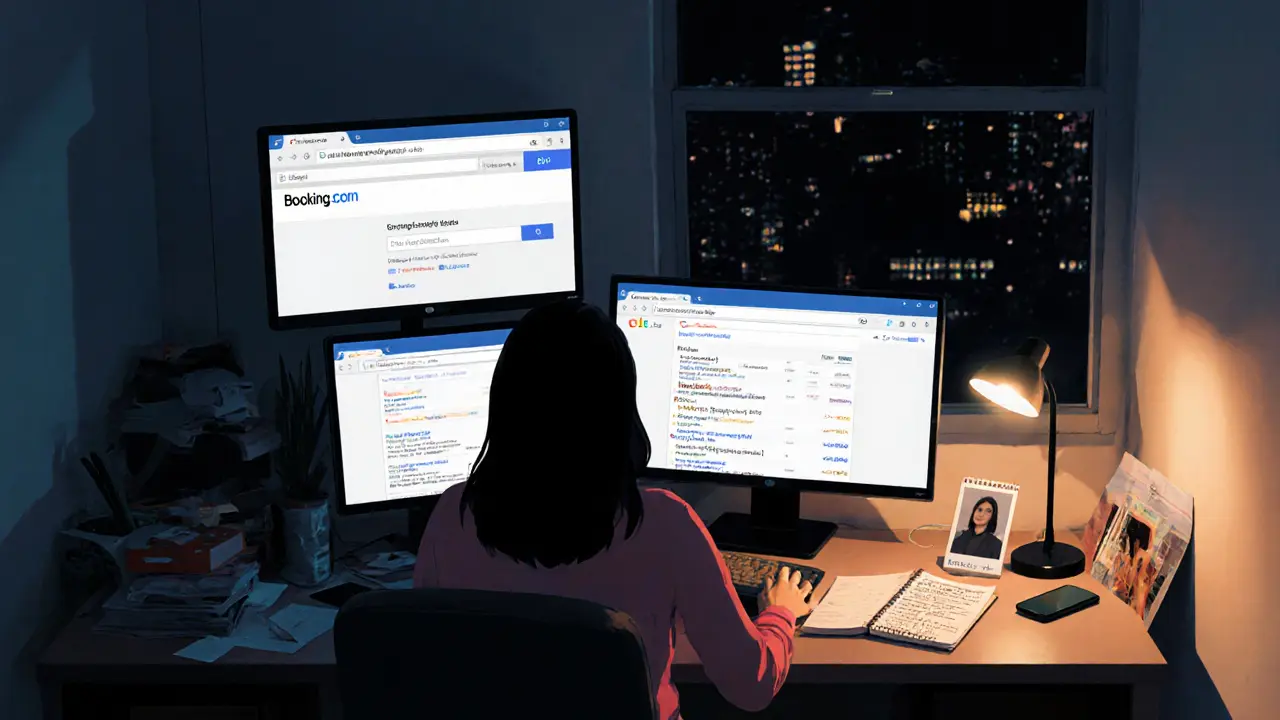 Woman at a desk with multiple screens and documents, practicing safe digital escort work.