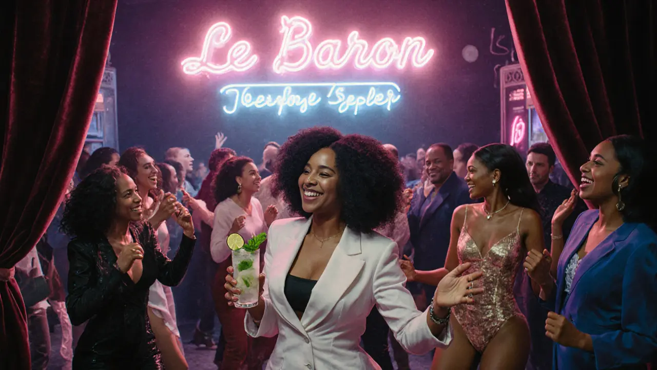 Women dancing joyfully in a neon-lit Parisian bar with velvet curtains and a 90s R&amp;B vibe.