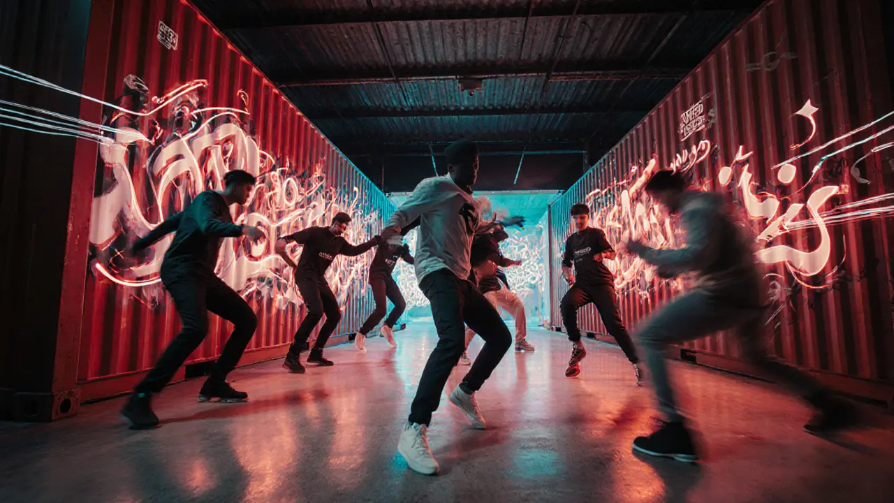Young dancers in a gritty industrial warehouse where traditional Arabic music blends with modern beats.
