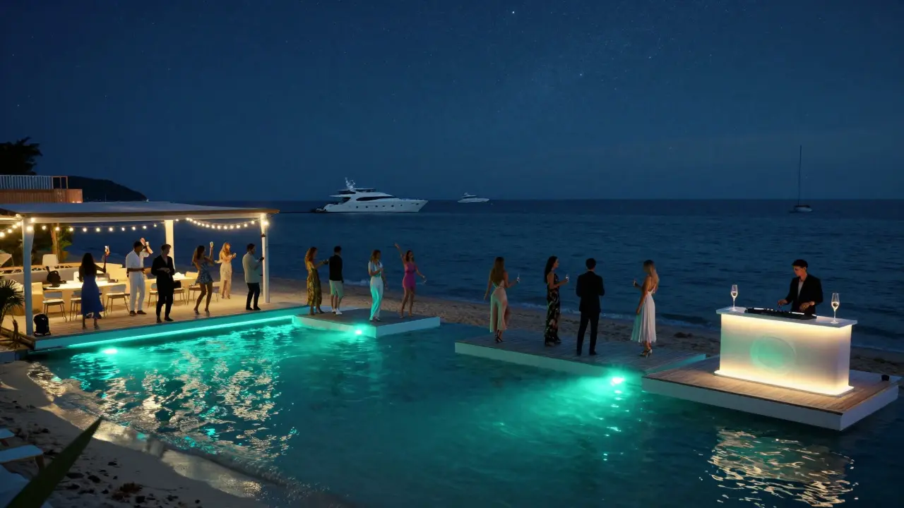 A beach club at night with glowing underwater lights and people dancing on sand under stars.