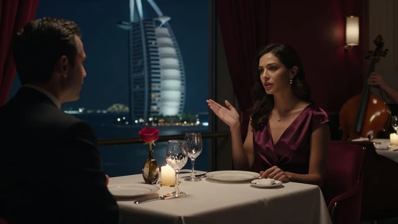 A candlelit dinner for two in a private suite at Burj Al Arab, with elegant tableware and a view of the Gulf at night.