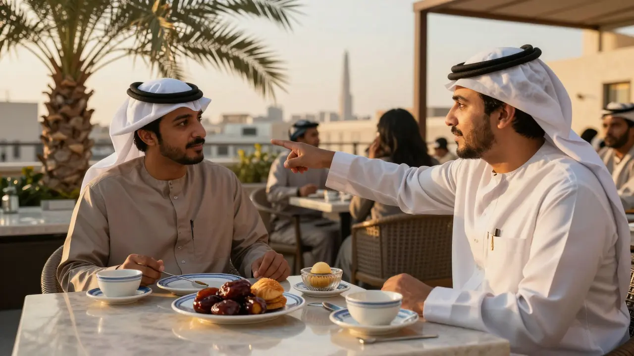 A companion and visitor sharing dates and conversation at a rooftop café in Al Bateen during golden hour.