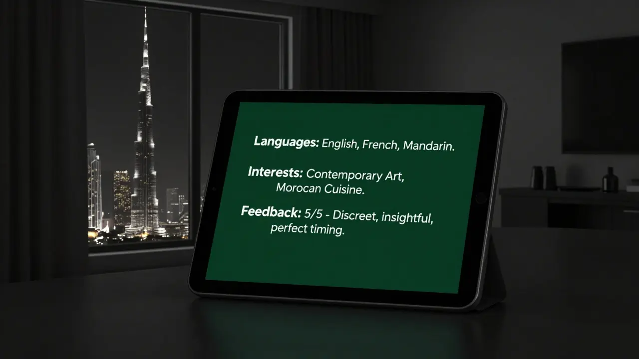 A confidential digital dossier on a tablet showing only text details of a companion&#039;s profile in a dark hotel room.