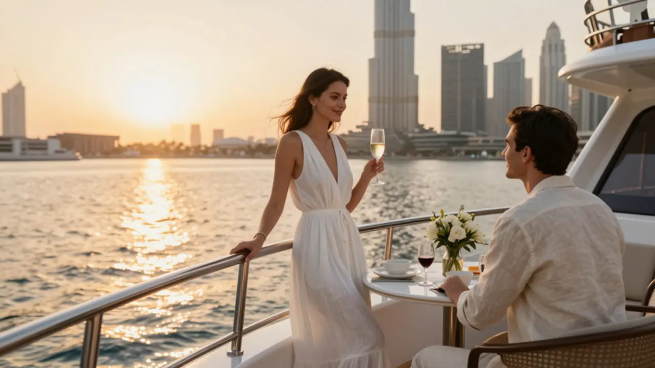 A couple enjoys sunset cocktails on a private yacht along Dubai Marina with the Burj Khalifa glowing in the distance.