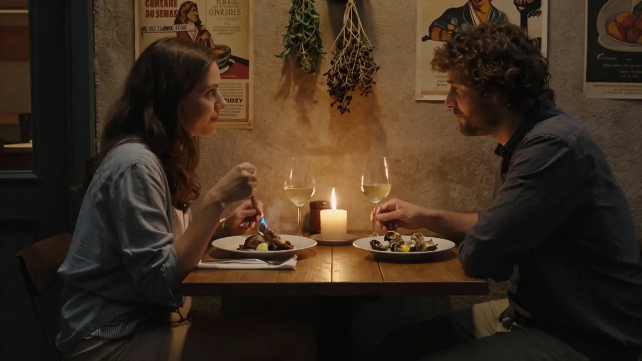 A couple shares candlelit dinner at a hidden Parisian restaurant, their knees touching under warm lamplight.