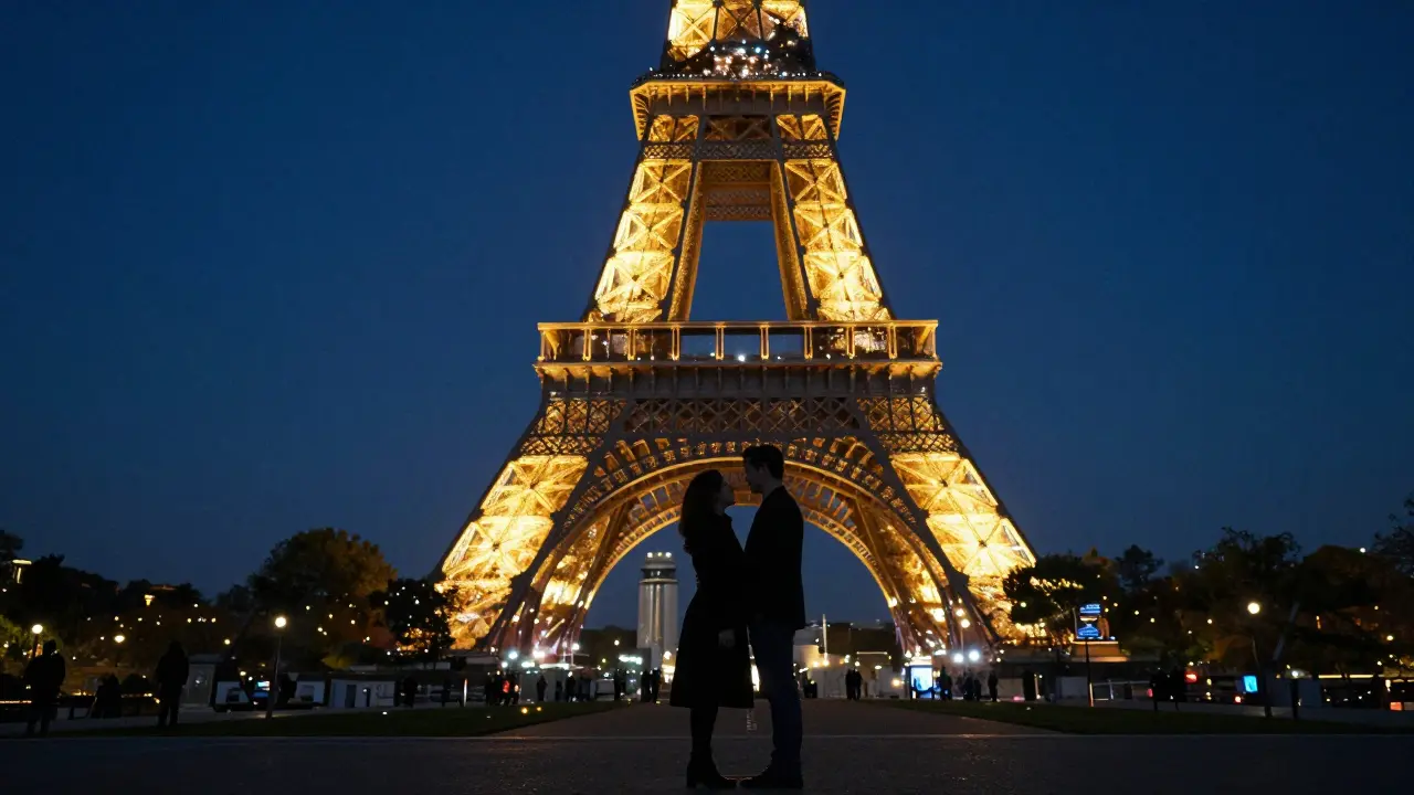 A couple stands beneath the sparkling Eiffel Tower at midnight, awestruck by its magical light display.