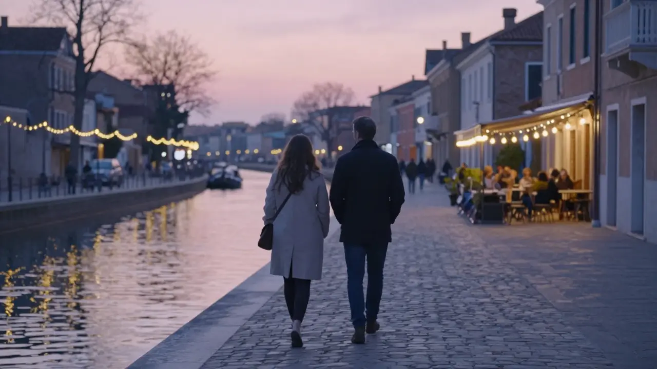 A couple walking peacefully along the Navigli canals at sunset, lost in quiet companionship.