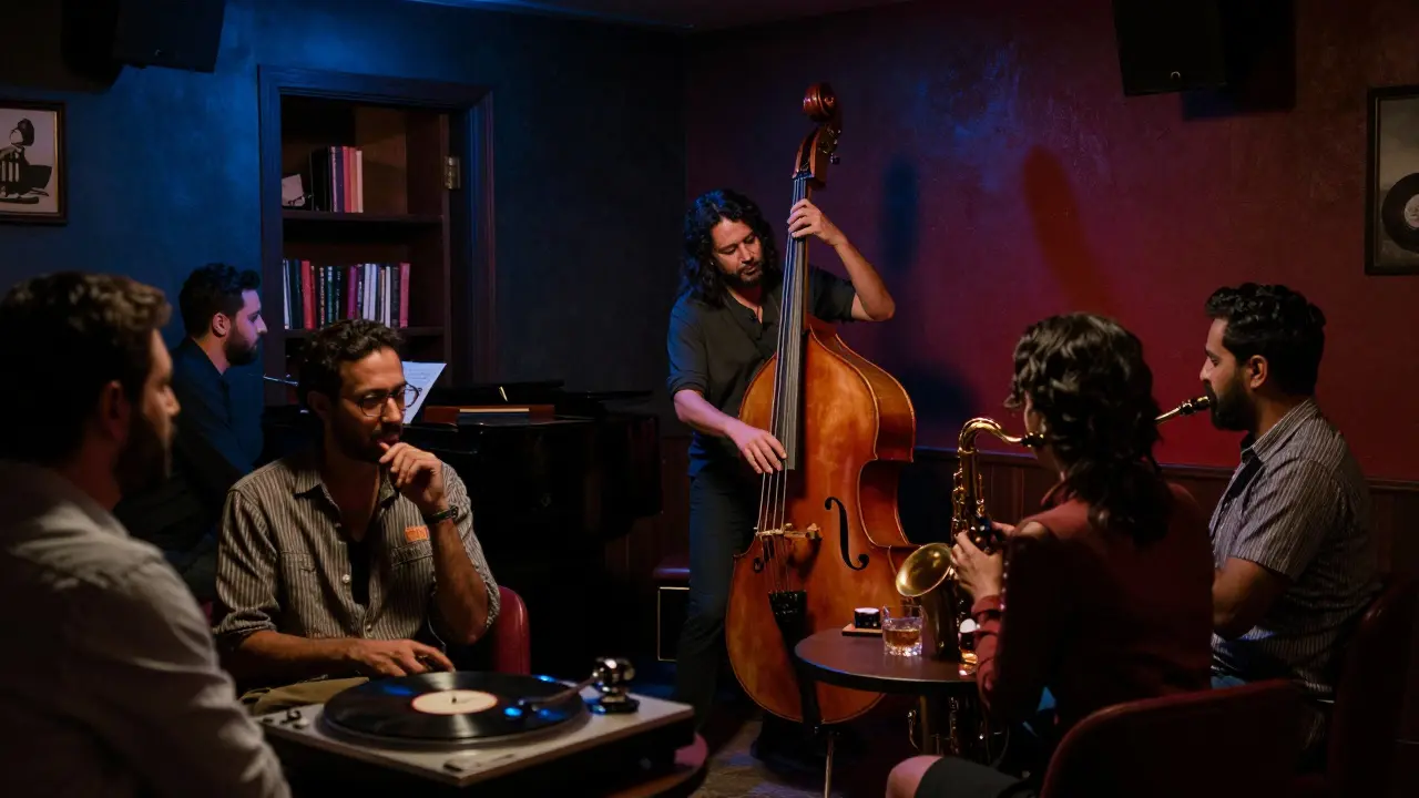 A cozy underground jazz club with a live trio performing under dim, moody lighting in Abu Dhabi.