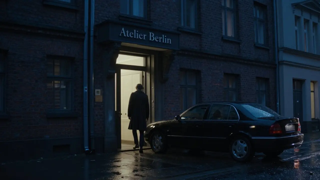 A discreet exit from a luxury companion agency in Berlin, illuminated by soft neon under rainy night streets.