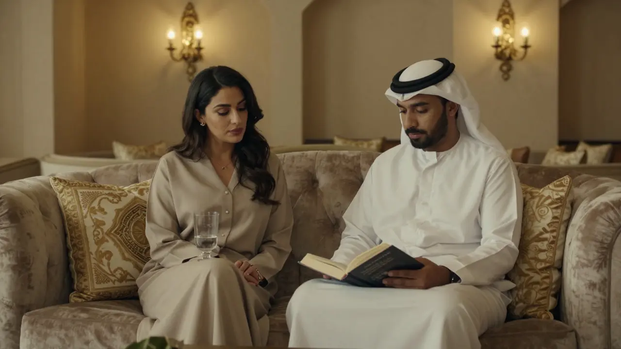 A discreet, respectful moment of companionship in a luxurious Abu Dhabi lounge, with soft lighting and elegant decor.