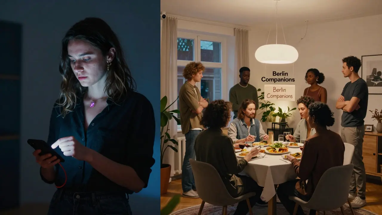 A group of diverse individuals in a safe shared apartment, with dinner table and security cameras.