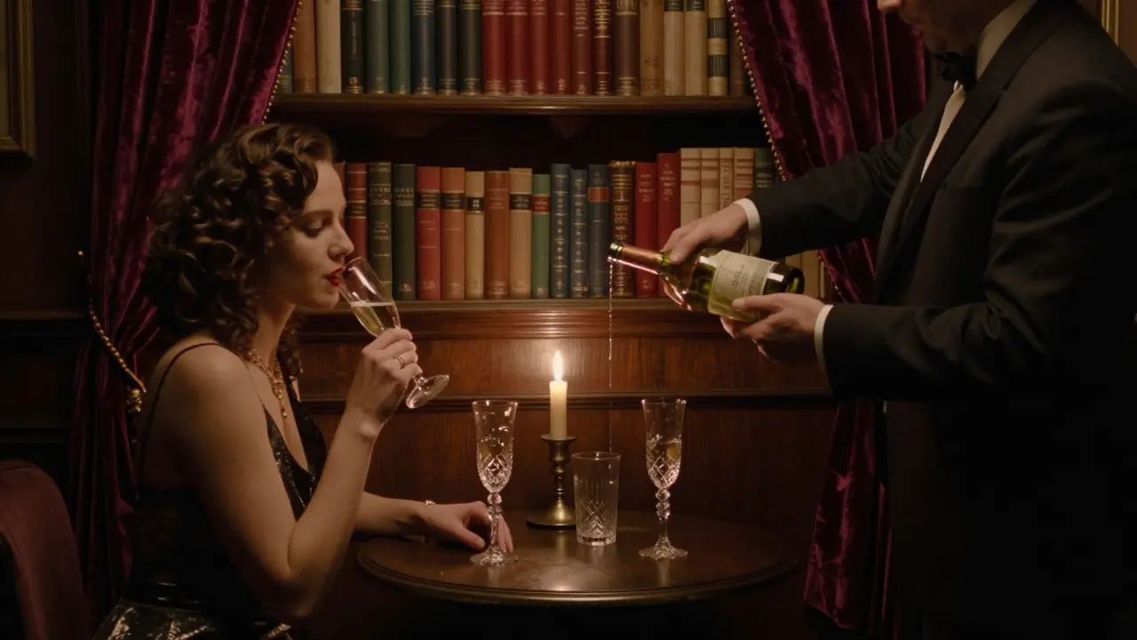 A hidden speakeasy bar with candlelit champagne flutes and velvet curtains, exuding quiet luxury and timeless elegance.