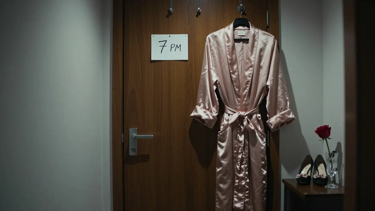 A hotel room door with a handwritten note saying &#039;7 PM&#039;, a silk robe, heels, and a rose on the table—no people, only quiet elegance.