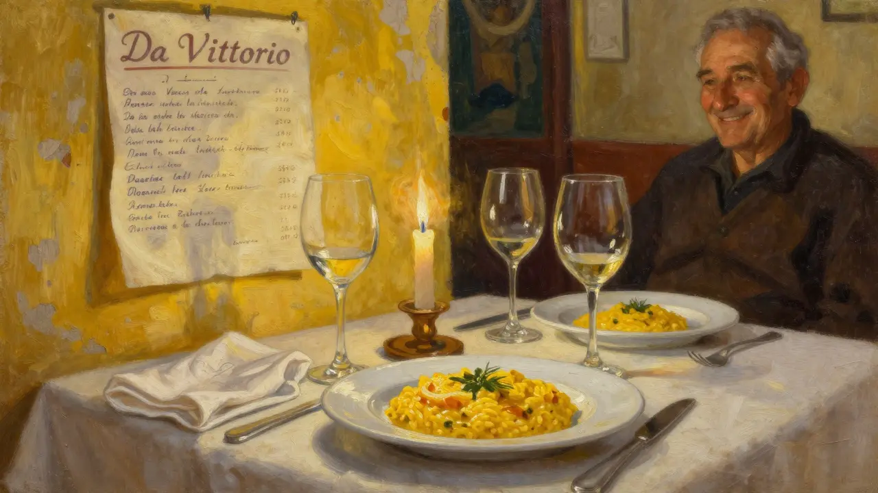 A intimate dinner at Trattoria da Vittorio with saffron risotto and candlelight in a cozy, yellow-walled room.