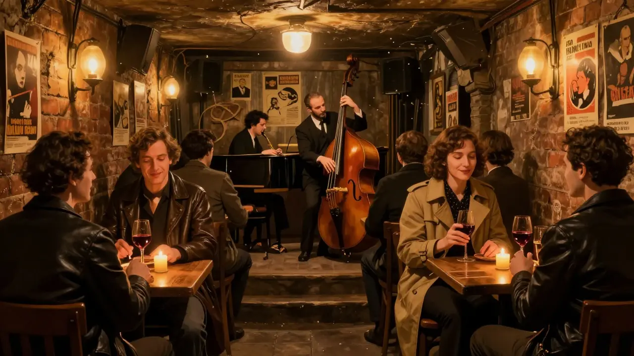 A jazz trio performing in a dimly lit cellar, surrounded by locals enjoying wine and music.
