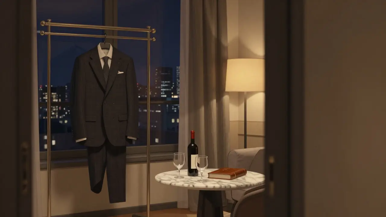 A luxurious Milan hotel suite at night, with wine, a book, and a suit laid out, suggesting discretion and sophistication.