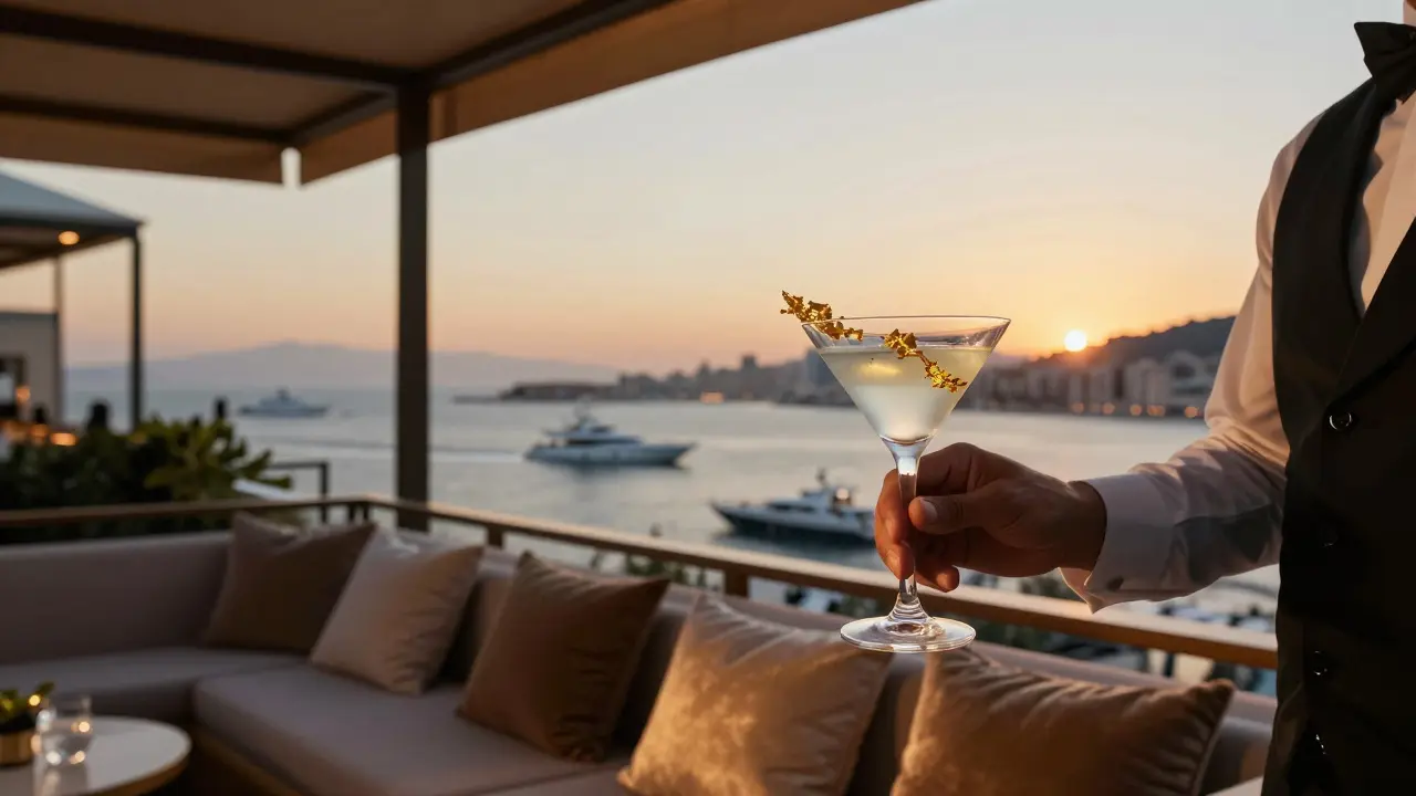 A luxury rooftop cabana with a gold-leaf martini and yachts gliding below at dusk.