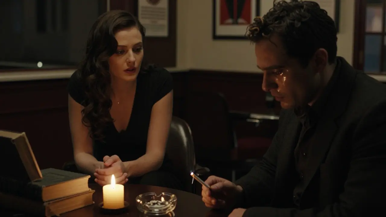A man and woman in a candlelit salon, the woman showing calm presence as the man reveals quiet emotion.