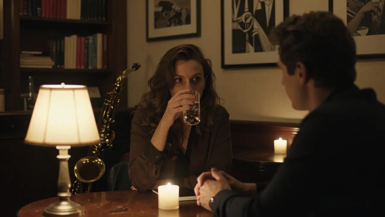 A man and woman listening to jazz in a cozy Milanese bar at night.