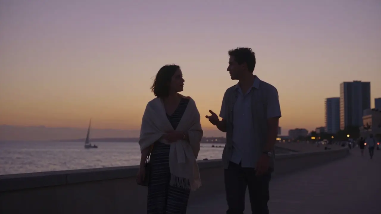 A man and woman walking calmly along the Corniche at dusk, modestly dressed, enjoying the view of the sea and skyline.