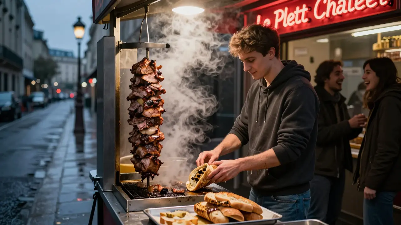 A man eating a steaming kebab at 3 a.m. in Paris, juice dripping down his hands.