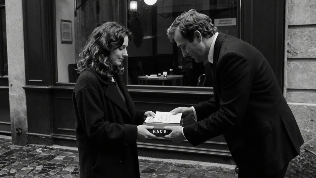 A man handing a woman a book and note outside a jazz club, no money visible, only quiet respect.